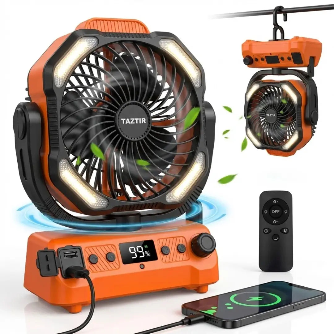 Mother'S Day Gift Taztir 3-In-1 Portable Camping Fan with 20000Mah Battery, Rechargeable Desktop Fan with LED Light & Power Bank, No Plug, 4 Speeds Strong Airflow for Camping, Bedroom, Office & Emergency