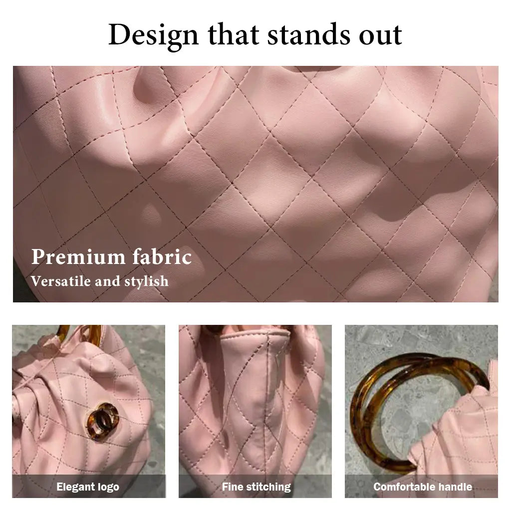 The Tangerine Ring Pouch - Chic Quilted Bucket Bag Soft Faux Leather with Tortoiseshell Handle for Summer Vacation Resort Trendy All-Match Commuter Bag