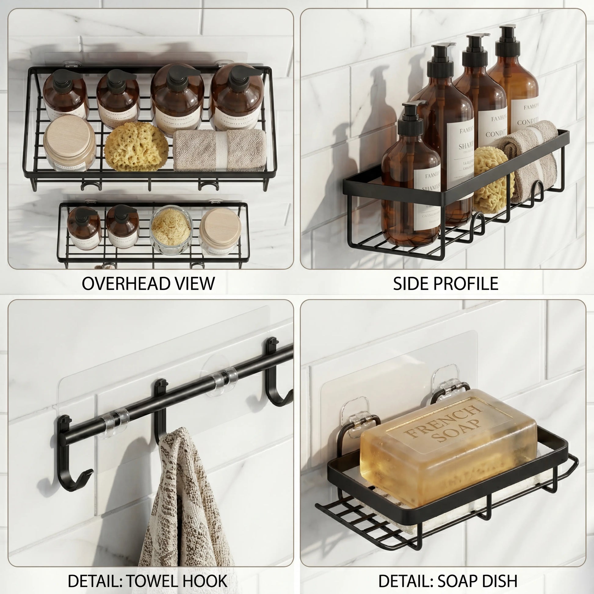 Rustproof Black Shower Caddy Set Bathroom Towel Stainless Self-Adhesive Steel