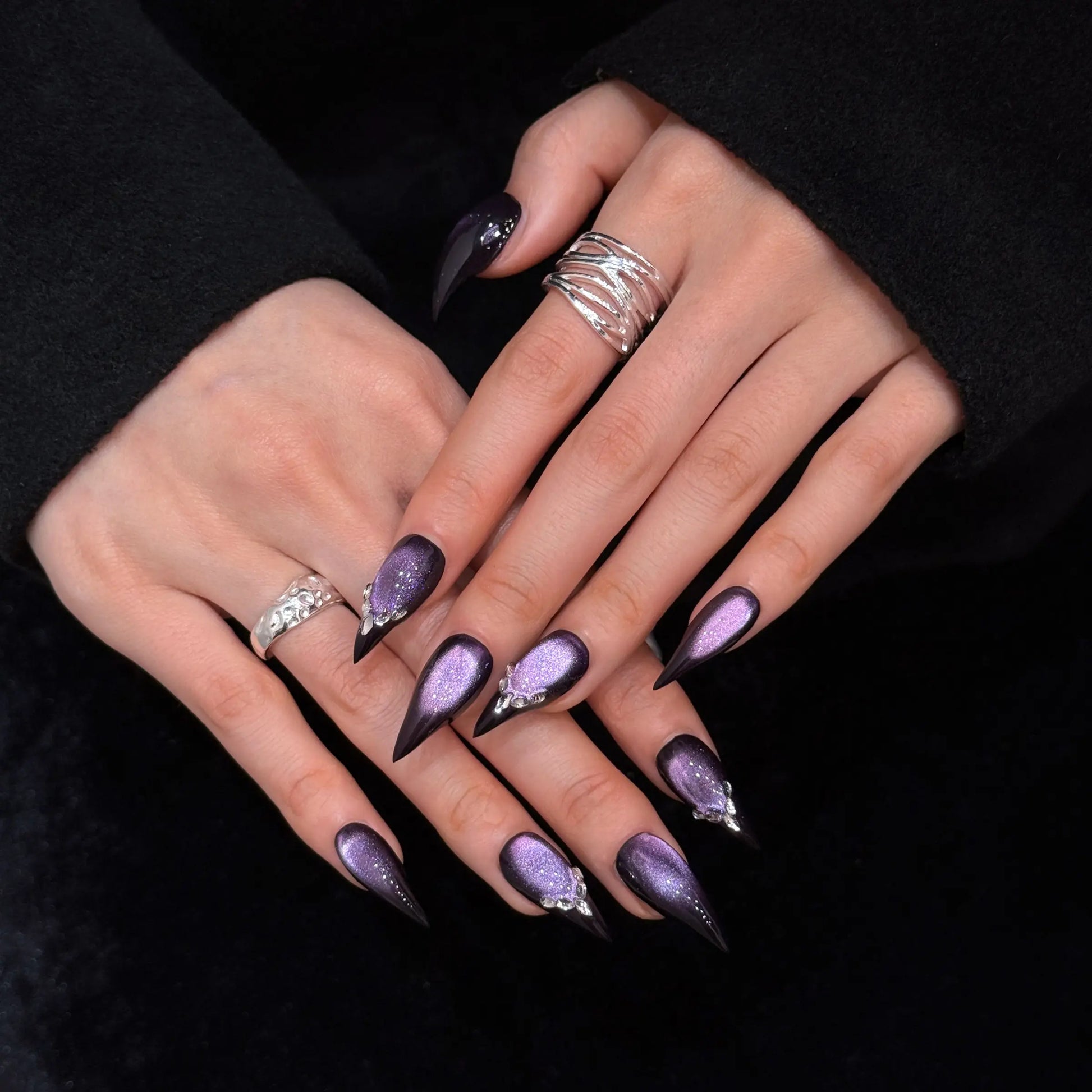 Handmade Ice Short Cat Eye Nail Tips, Removable Glossy Fake Nails, Enhancing, Single Item, Glittering Fake Nails, Non-Flammable Liquid