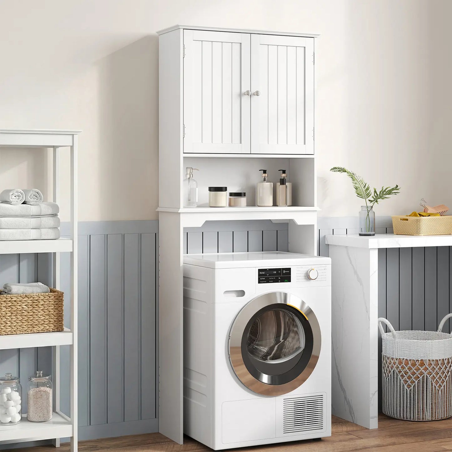 【Mother'Sdaygift】Over the Toilet Storage Cabinet, Bathroom Storage Cabinet over Toilet with Double Doors and Adjustable Shelf, Freestanding Toilet Rack for Bathroom, Black