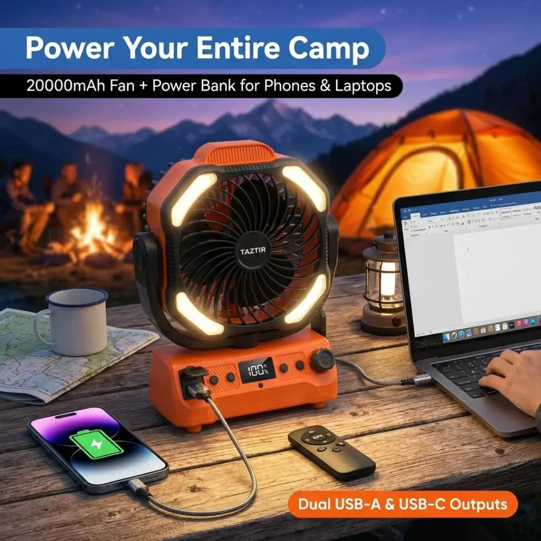 Mother'S Day Gift Taztir 3-In-1 Portable Camping Fan with 20000Mah Battery, Rechargeable Desktop Fan with LED Light & Power Bank, No Plug, 4 Speeds Strong Airflow for Camping, Bedroom, Office & Emergency