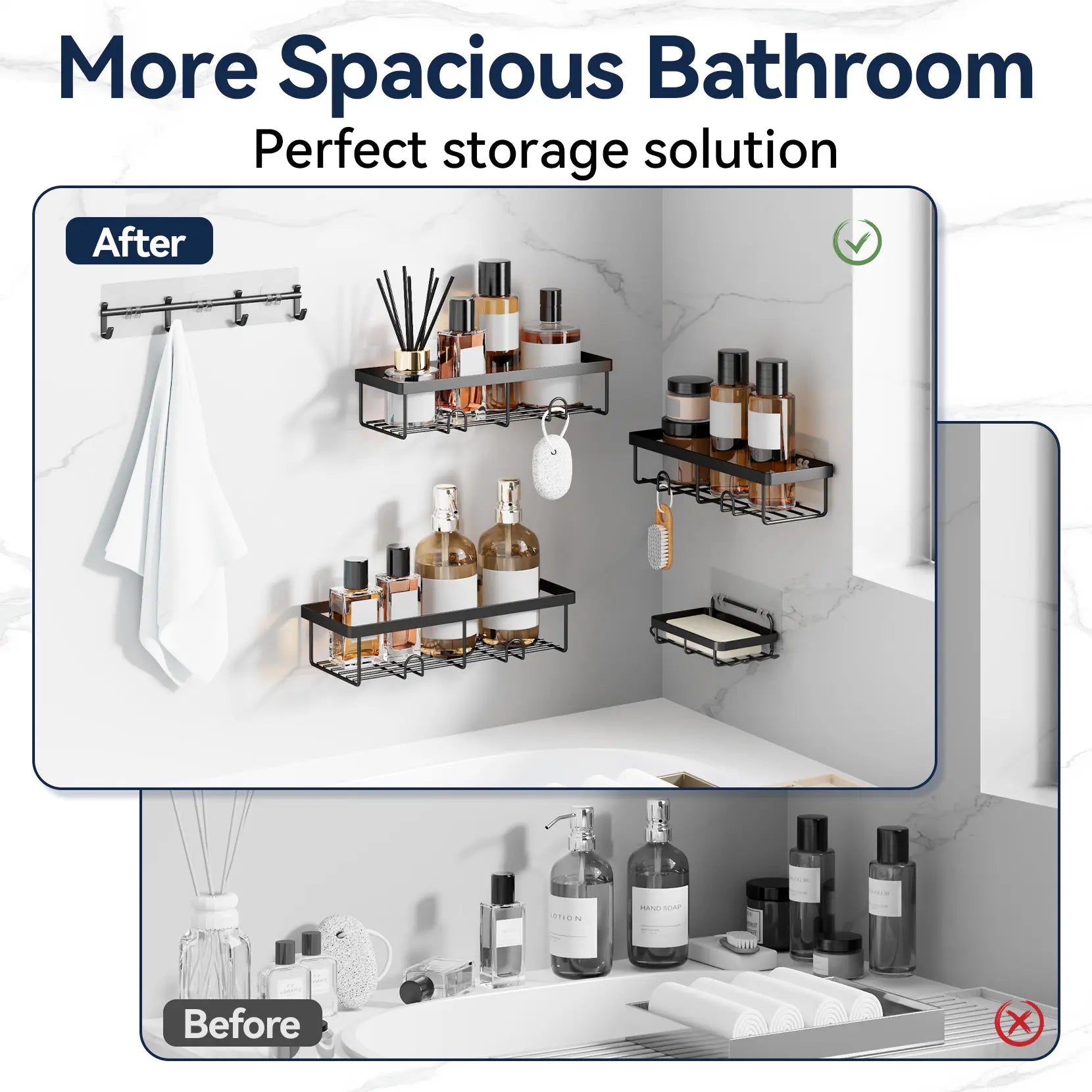 Rustproof Black Shower Caddy Set Bathroom Towel Stainless Self-Adhesive Steel