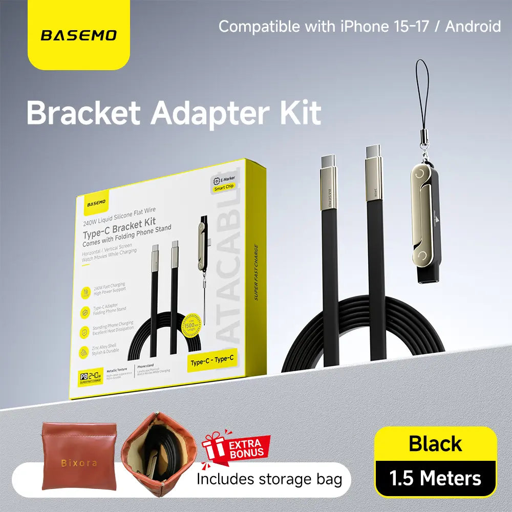 [March Warranty] Basemo New Upgraded 240W Super-Fast Charger with Detachable 2-In-1 360° Invisible Stand, Zinc Alloy & Silicone Type-C 1.5Rice Cable – Ideal for Gaming, Office, Car Use, and Travel – Compatible with Apple and Samsung Devices