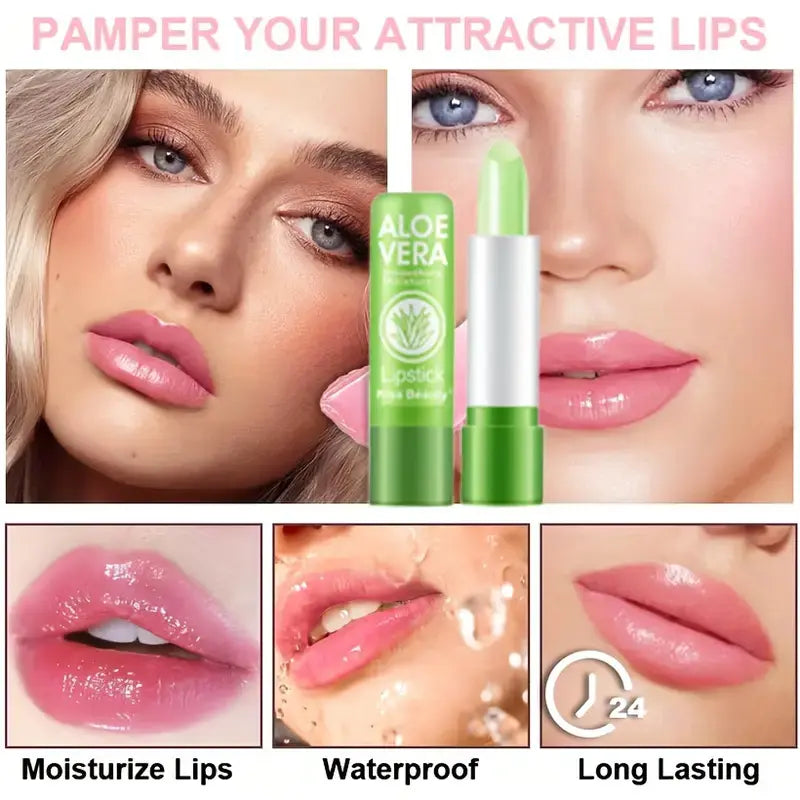 2Pcs Long-Lasting Moisturizing Aloe Vera Lipstick, This Color-Changing Lipstick Contains Natural Aloe Vera Extract, Is Waterproof, Moisture-Proof, and Long-Lasting. It'S Transfer-Proof and Suitable for Pregnant Women and Those with Sensitive Skin.
