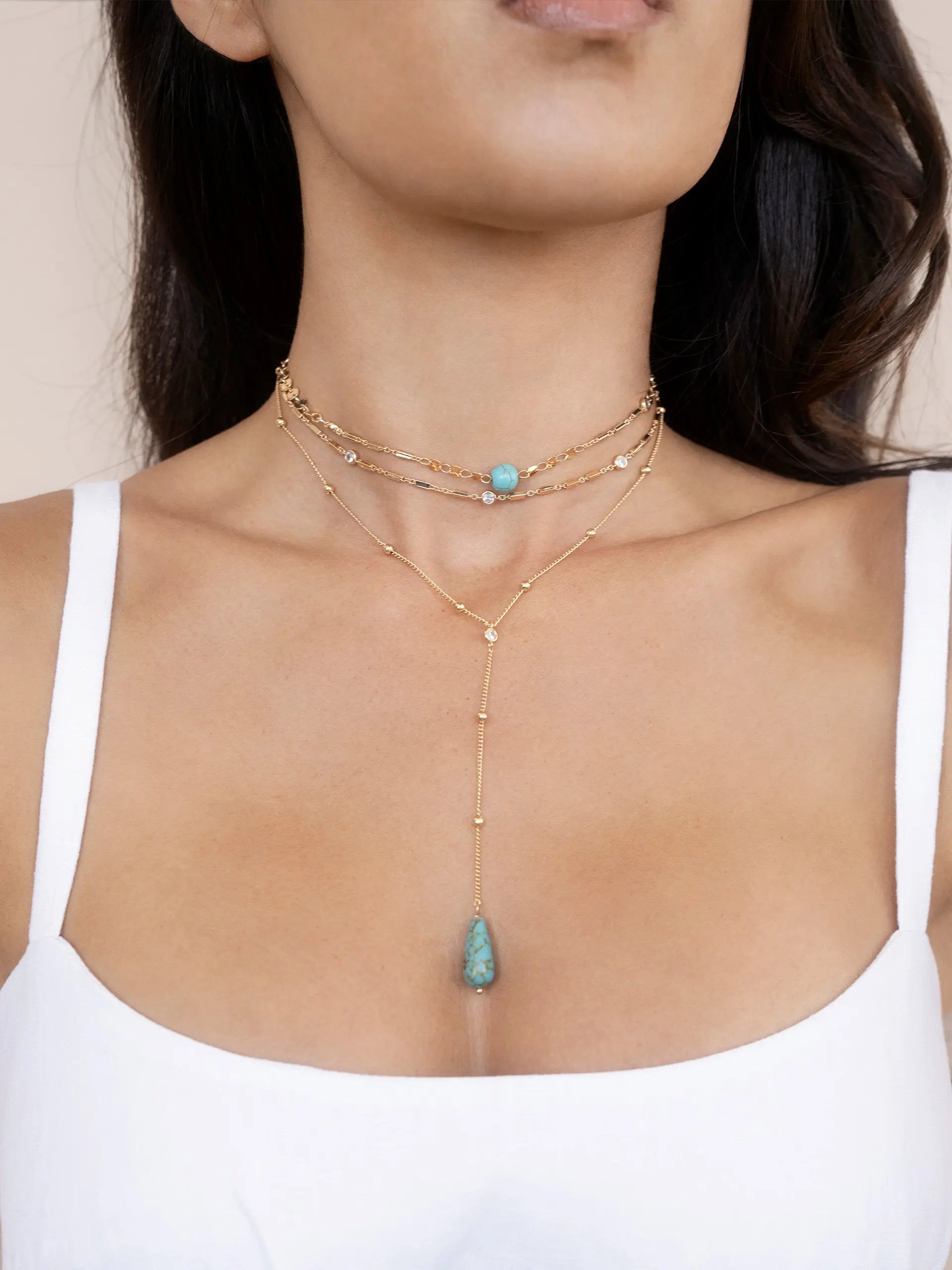 Ettika Forever Falling Turquoise Lariat Necklace with Turquoise Pendant and Gold Chain