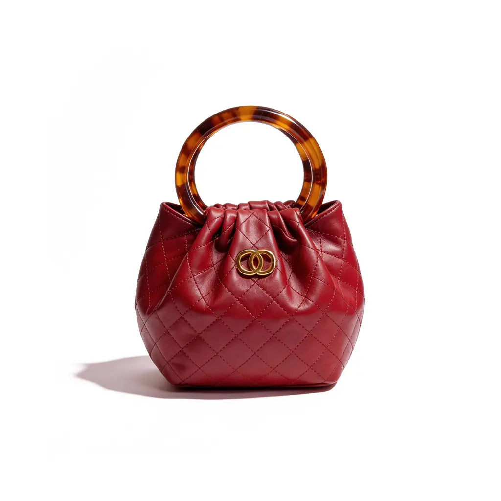 The Tangerine Ring Pouch - Chic Quilted Bucket Bag Soft Faux Leather with Tortoiseshell Handle for Summer Vacation Resort Trendy All-Match Commuter Bag