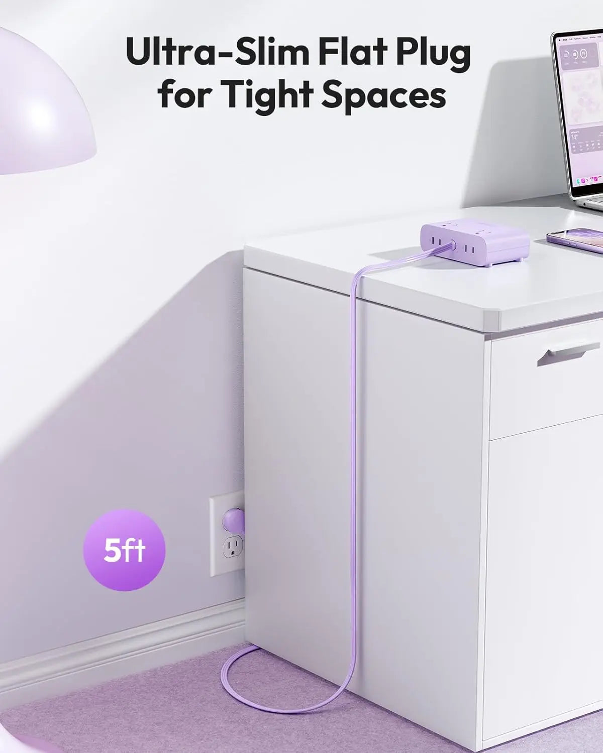 NTONPOWER Flat Plug Power Strip, Desktop Charging Station with 25W USB C Ports, Purple Extension Cord with 4 AC Outlets, 5Ft Flat Extension Cord for Home Office, Dorm Room Essentials,Mother'S Day Gift Ideas