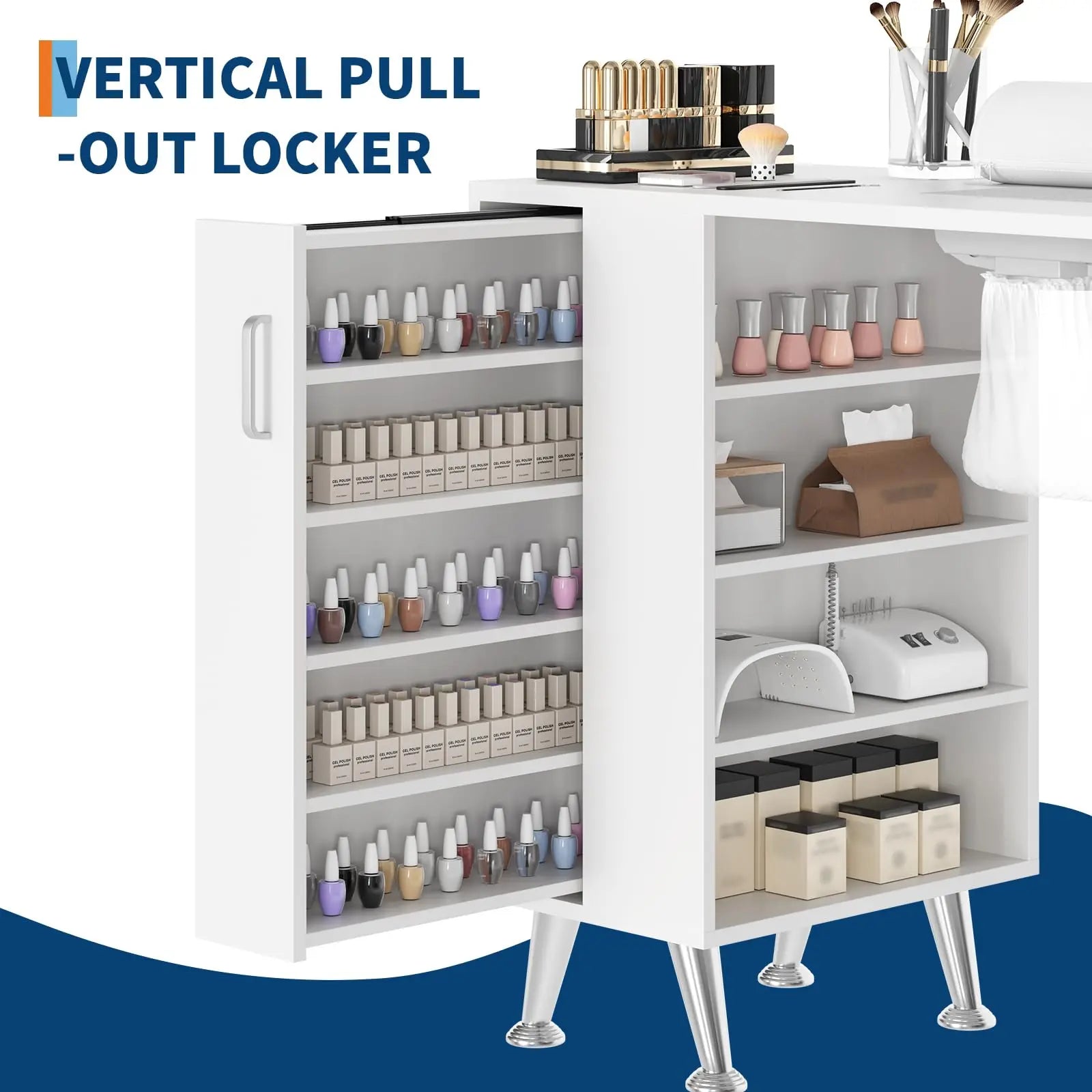 Zr-Garvee 42 Inch Nail Tech Station with Vertical Storage Locker and 4 Tier Open Shelves Professional Manicure Desk with Dust Collector and Storage Drawers