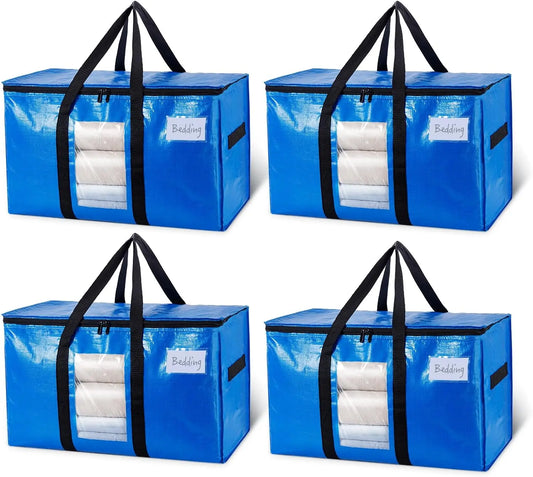 TAILI Extra Large Moving Bags, 4 Pack Heavy Duty Totes for Storage with Carrying Handles, Zippers, Tag Pocket and Visible Window, Storage Bags for Space Saving Moving Storage, Storage Organiser Set