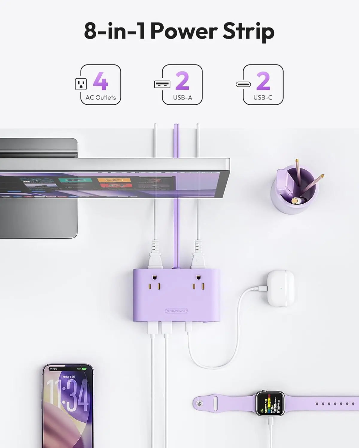 NTONPOWER Flat Plug Power Strip, Desktop Charging Station with 25W USB C Ports, Purple Extension Cord with 4 AC Outlets, 5Ft Flat Extension Cord for Home Office, Dorm Room Essentials,Mother'S Day Gift Ideas