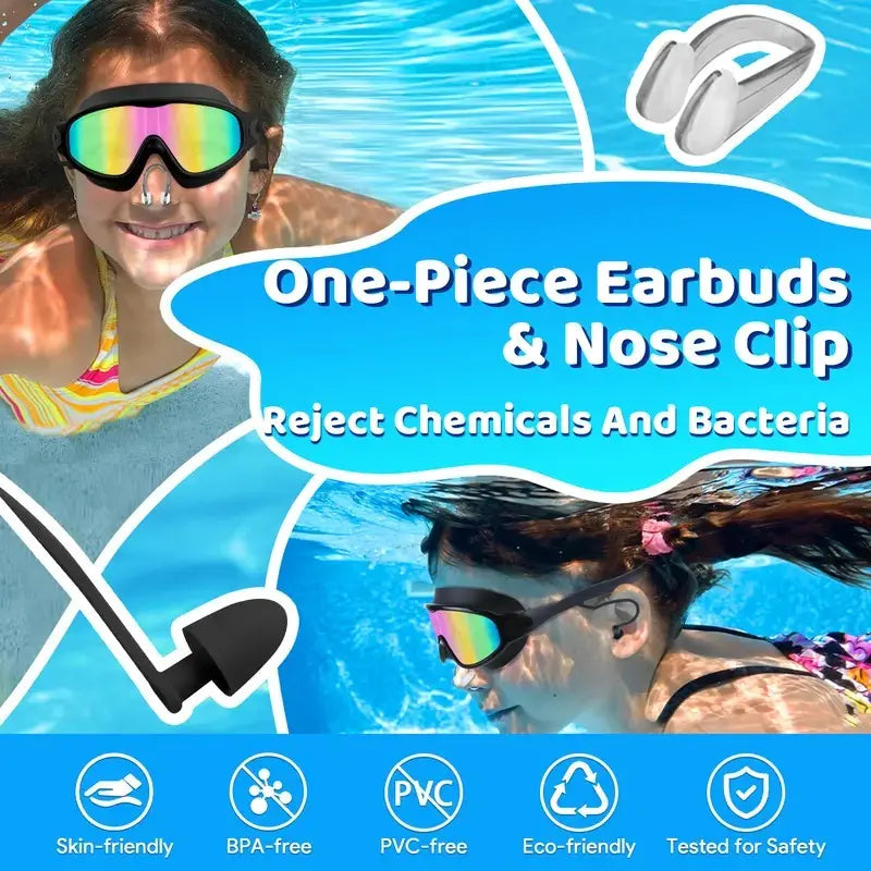 Kids' Snorkeling Mask with Earplugs & Nose Clip, Anti-Fog UV Waterproof Swim Goggles for Ages 5-14, Comfortable Silicone Frame for Safe Diving, UV Swimming Goggles, Swimming Accessories