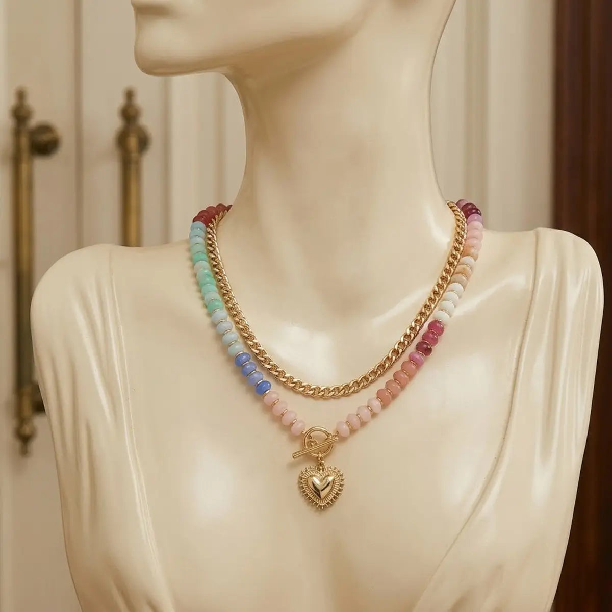 Dopamine-Enhanced Colored Beaded Double-Layer Necklace, Heart-Shaped Pendant Chain, Clavicle Chain, Unique Stacked Heart Pendant, Women'S Jewelry Gift.