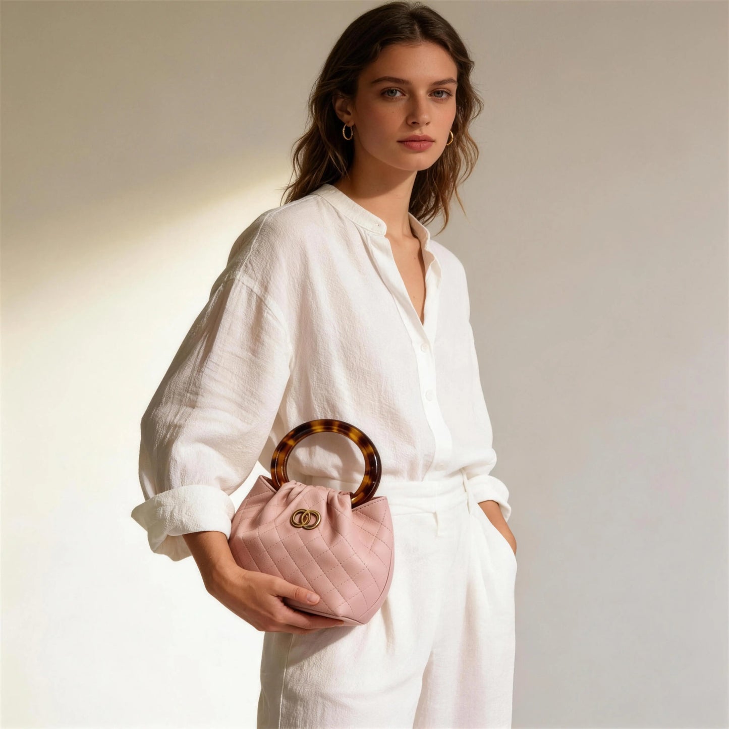 The Tangerine Ring Pouch - Chic Quilted Bucket Bag Soft Faux Leather with Tortoiseshell Handle for Summer Vacation Resort Trendy All-Match Commuter Bag